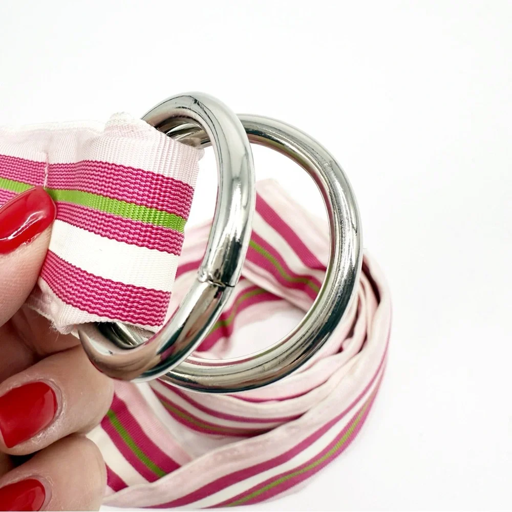 CK Bradley Pinks and Green Striped Ribbon Belt with Silver Buckle, Size Medium